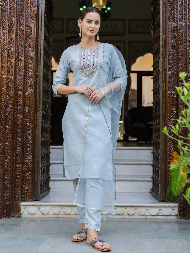 Cotton Embroidery Straight Kurti with Pant and Dupatta - Sky Blue