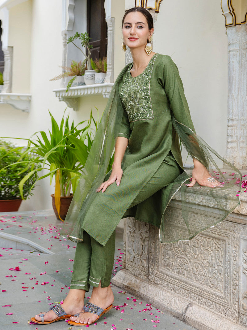 Cotton Embroidery Straight Kurti with Pant and Dupatta - Olive Green