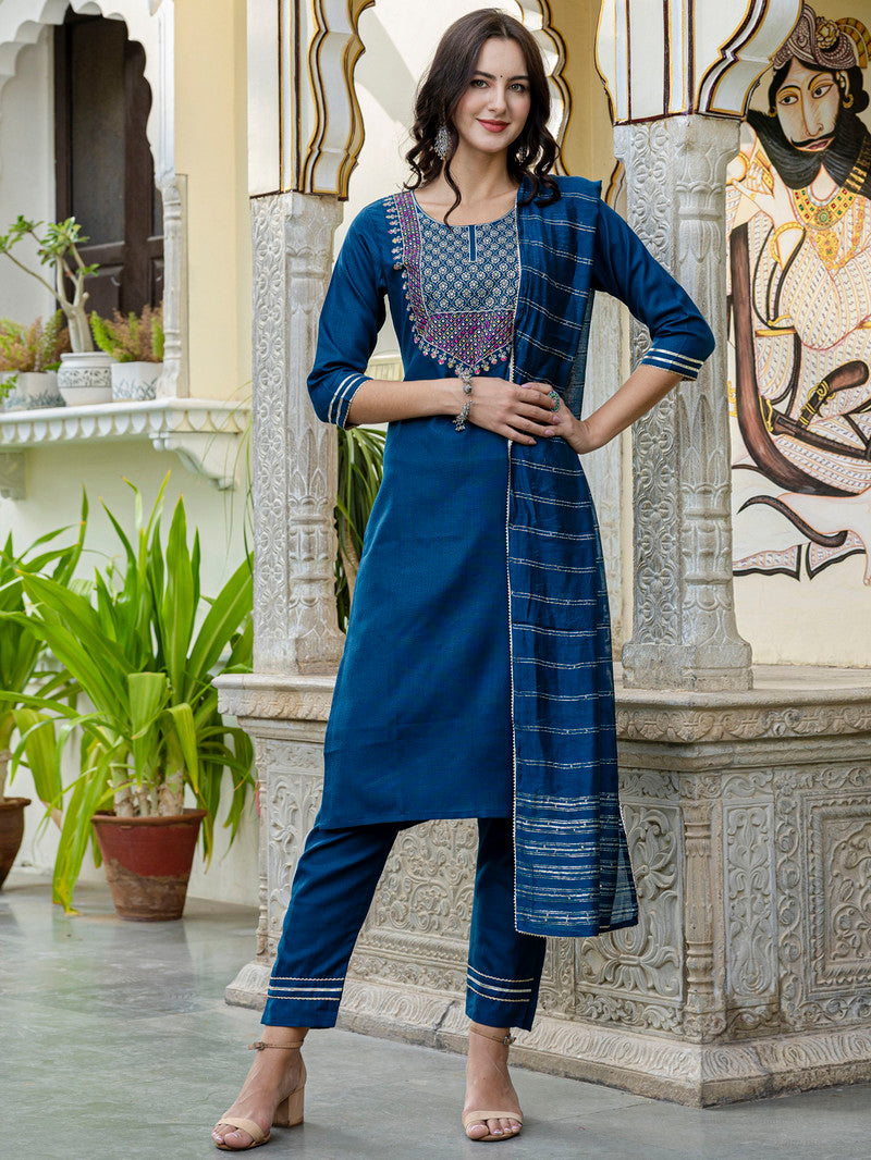 Cotton Embroidery Straight Kurti with Pant and Dupatta - Blue