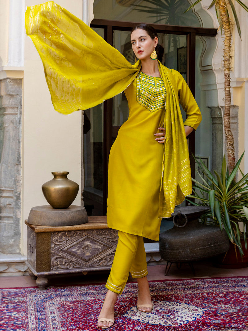 Cotton Embroidery Straight Kurti with Pant and Dupatta - Yellow