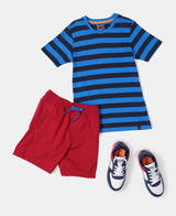 Boy's Super Combed Cotton Striped Half Sleeve T-Shirt #AB09 - Neon Blue & Navy