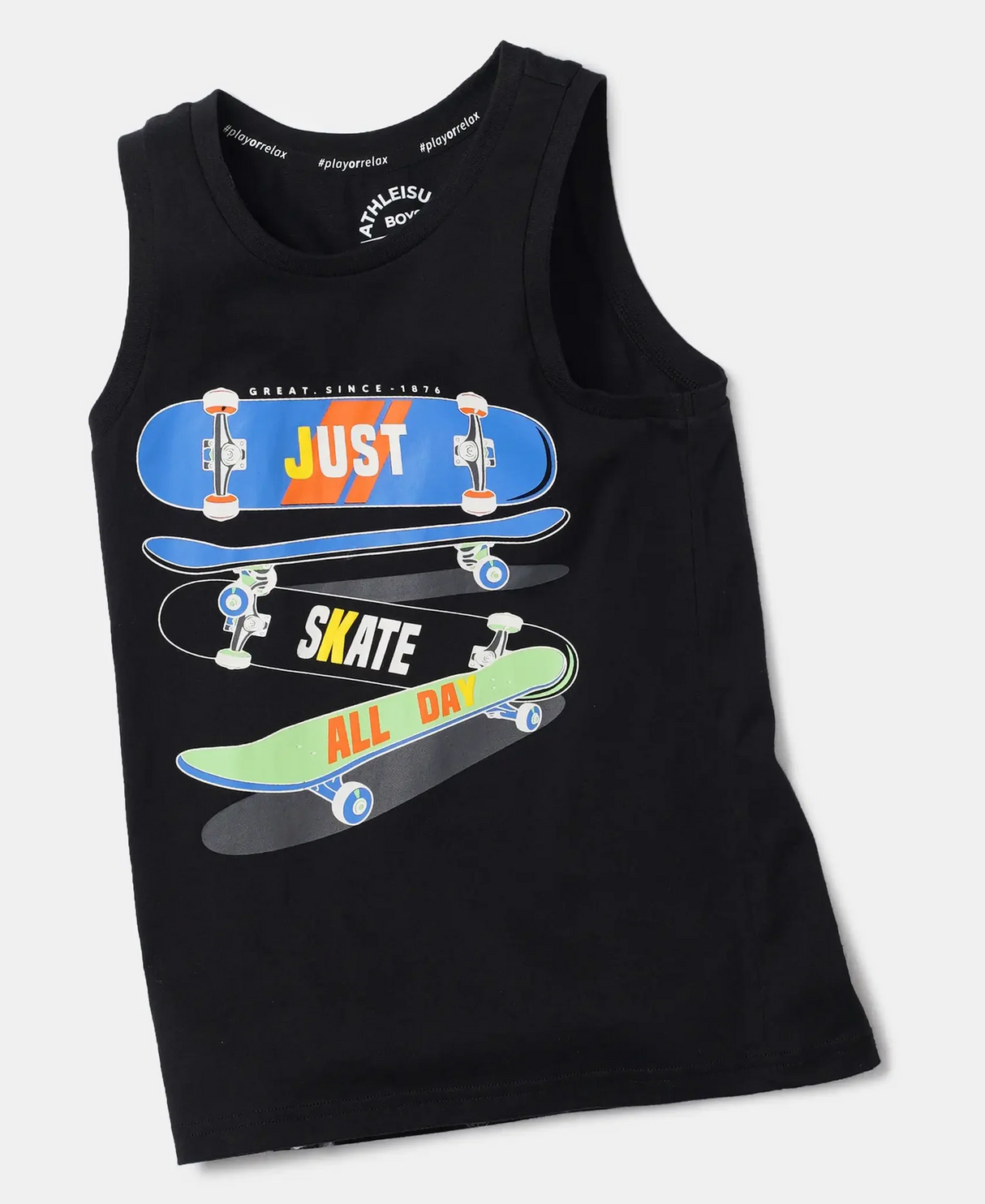 Boy's Super Combed Cotton Graphic Printed Tank Top #AB14 - Black