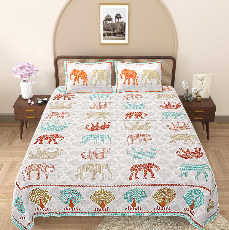 Turquoise Premium Pure Cotton Printed Double Bedsheet