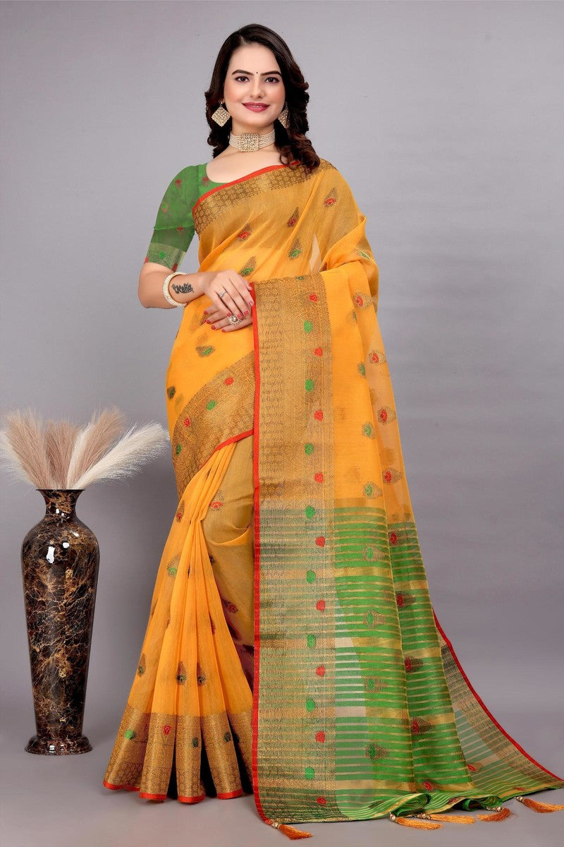 Cotton Silk Jacquard Woven Saree With Blouse - Yellow