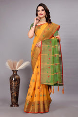 Cotton Silk Jacquard Woven Saree With Blouse - Yellow