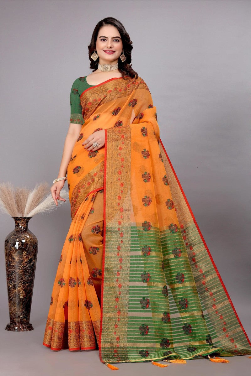 Cotton Silk Jacquard Woven Saree With Blouse - Orange