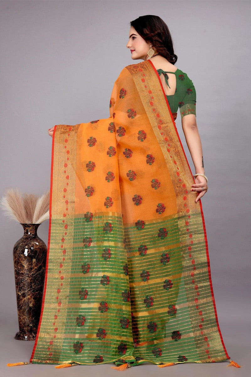 Cotton Silk Jacquard Woven Saree With Blouse - Orange