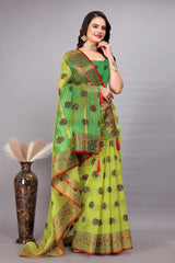 Cotton Silk Jacquard Woven Saree With Blouse - Green