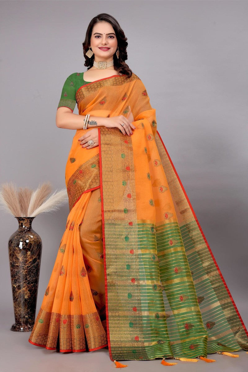 Cotton Silk Jacquard Woven Saree With Blouse - Orange