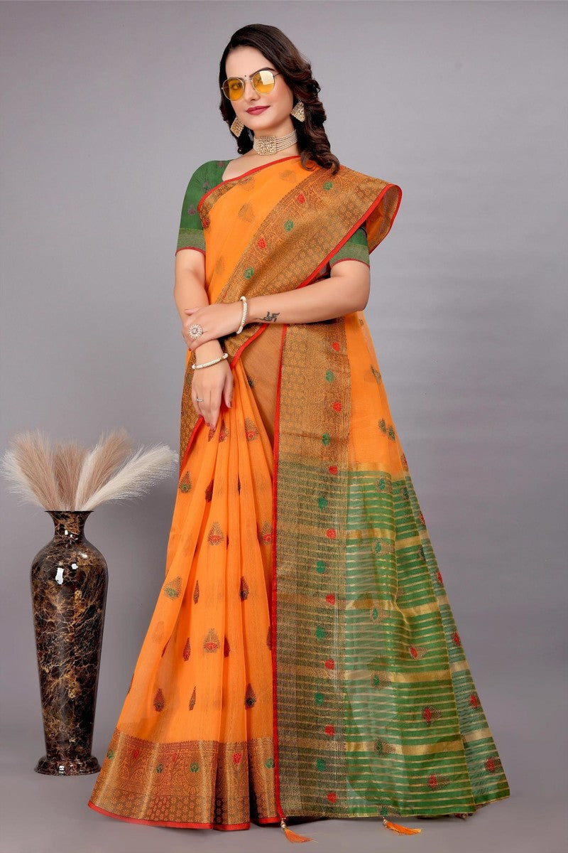 Cotton Silk Jacquard Woven Saree With Blouse - Orange