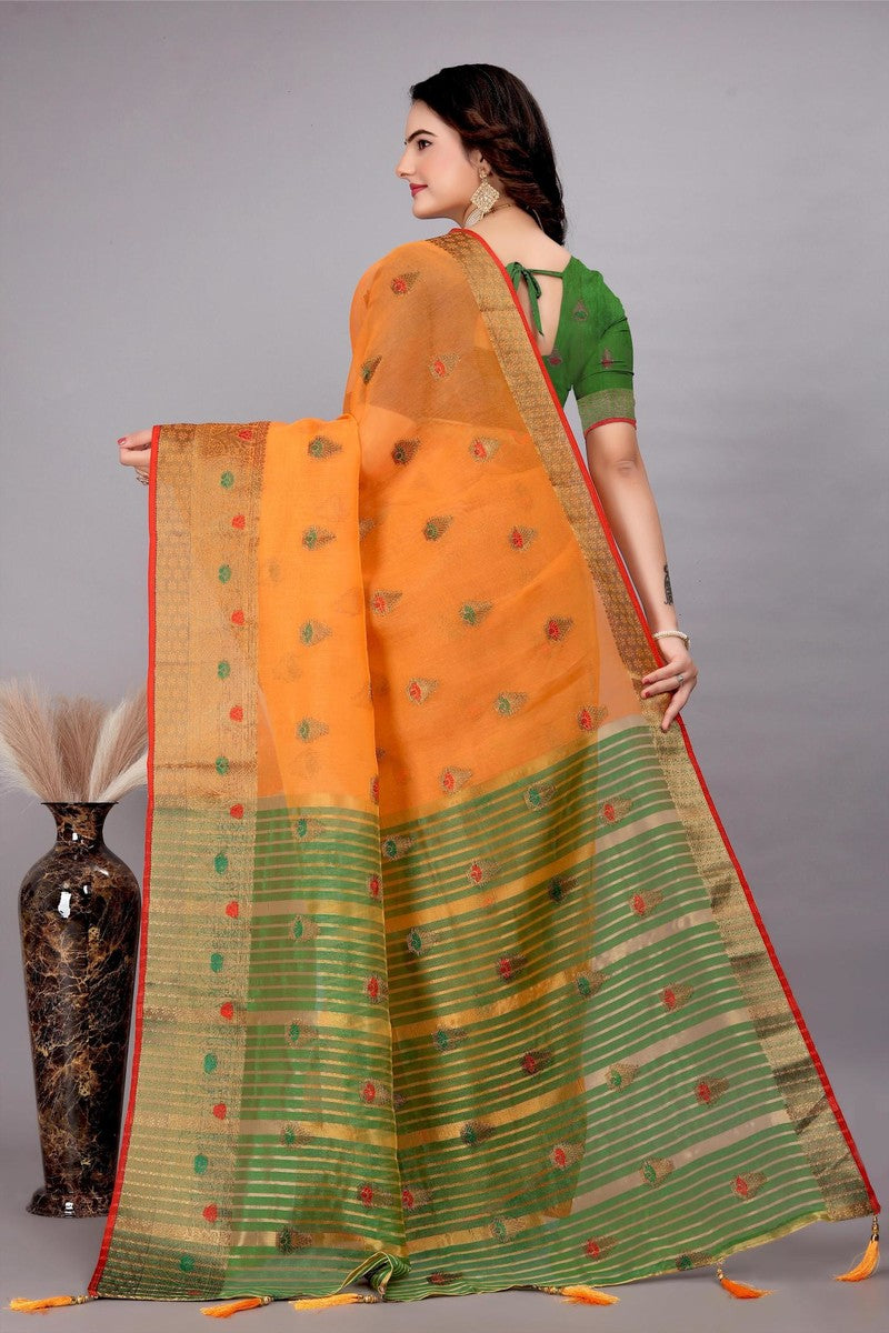 Cotton Silk Jacquard Woven Saree With Blouse - Orange