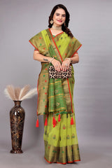 Cotton Silk Jacquard Woven Saree With Blouse - Green