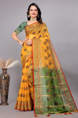 Cotton Silk Jacquard Woven Saree With Blouse - Yellow