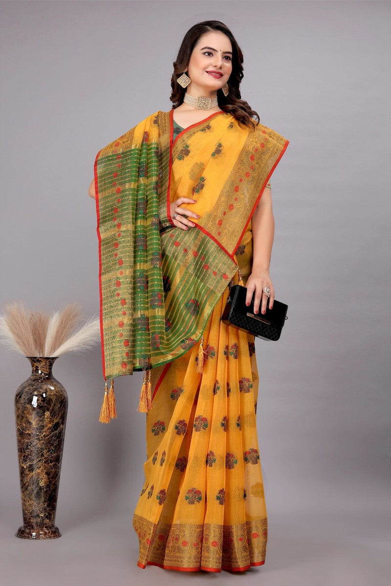 Cotton Silk Jacquard Woven Saree With Blouse - Yellow