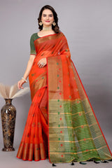 Cotton Silk Jacquard Woven Saree With Blouse - Red