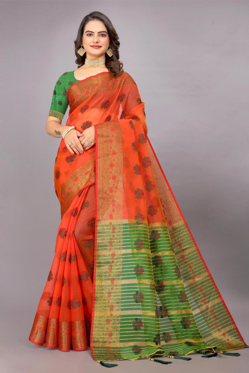 Cotton Silk Jacquard Woven Saree With Blouse - Red