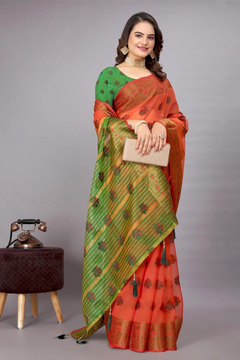 Cotton Silk Jacquard Woven Saree With Blouse - Red