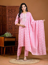 Cotton with Embroidery Kurti with Bottom and Dupatta