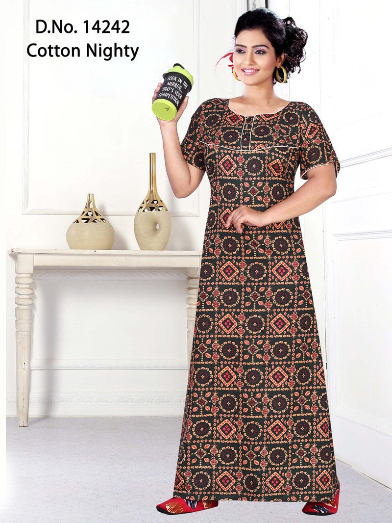 Missy - Cotton Printed Women Nighty Gown - Brown