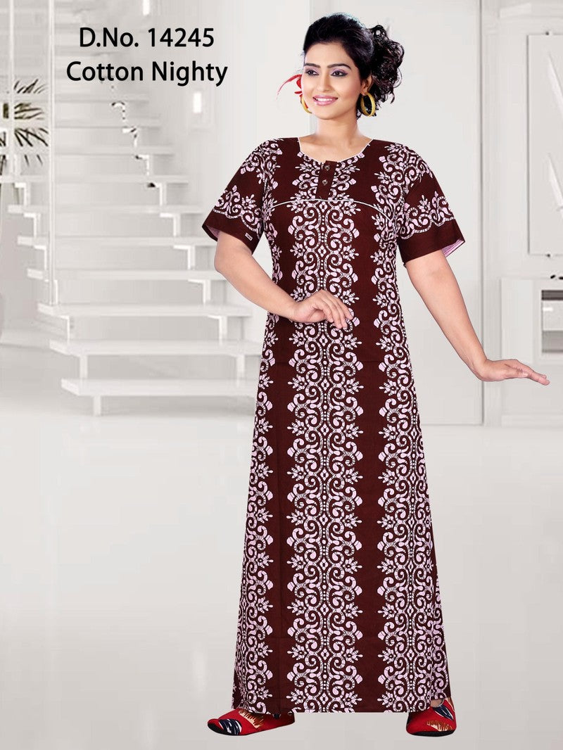 Missy - Cotton Printed Women Nighty Gown - Maroon