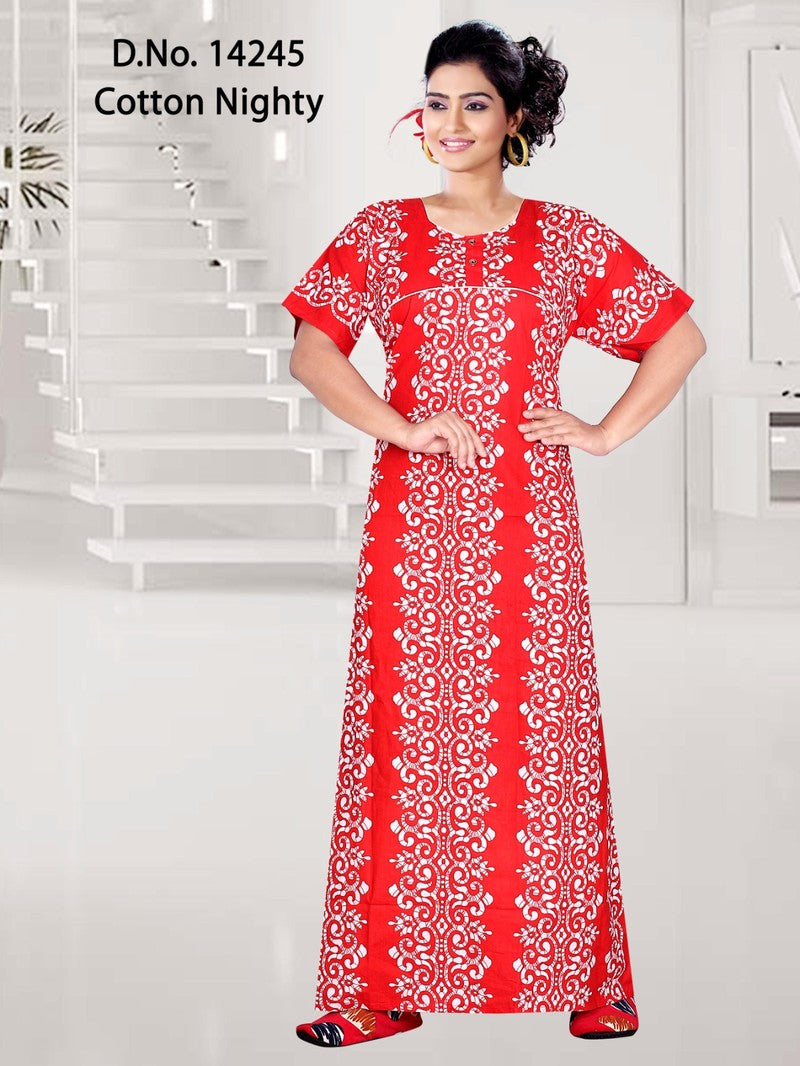 Missy - Cotton Printed Women Nighty Gown - Red