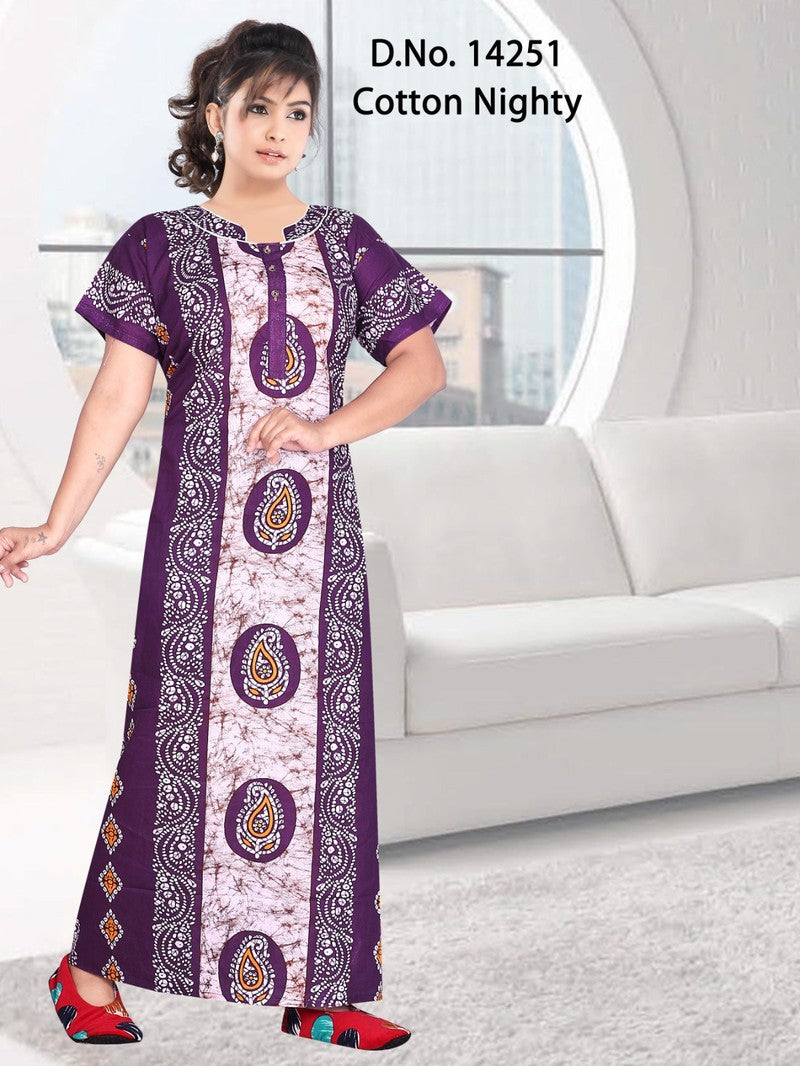 Missy - Cotton Printed Women Nighty Gown - Purple