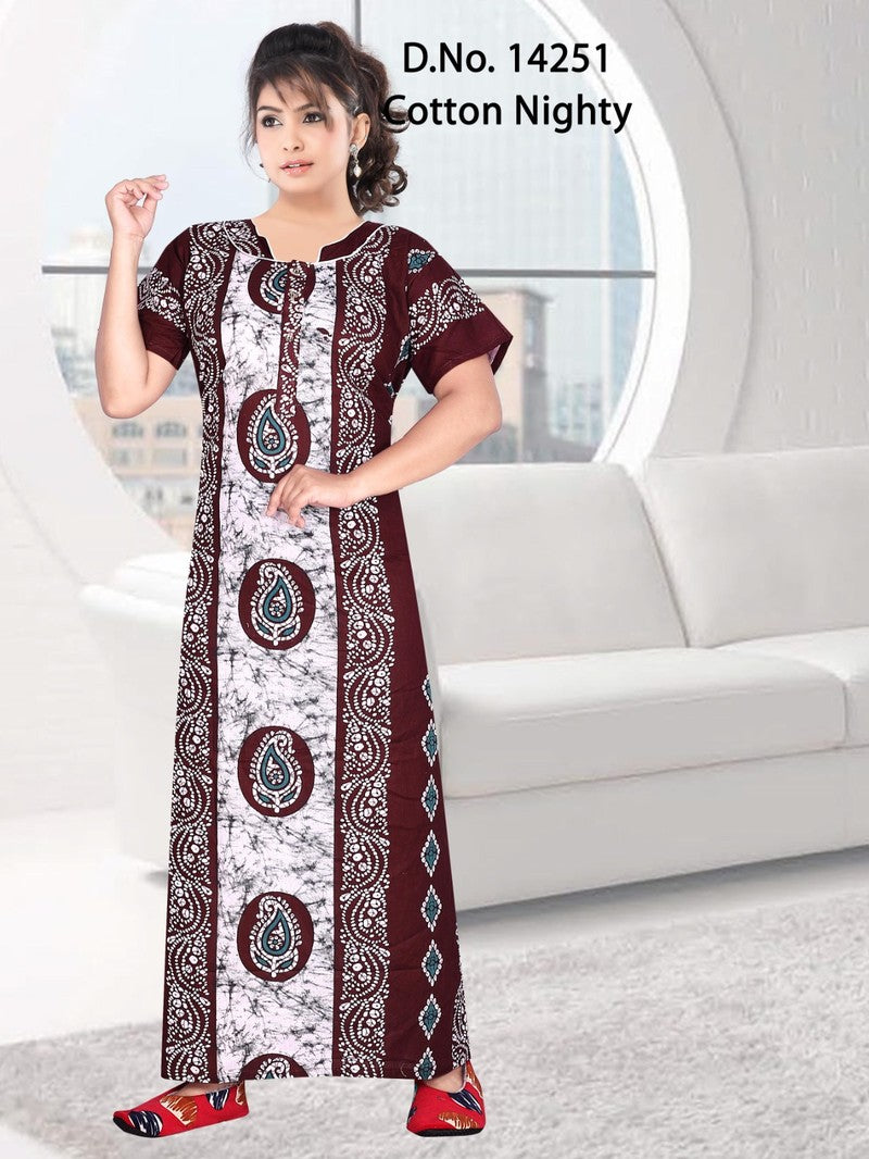 Missy - Cotton Printed Women Nighty Gown - Maroon