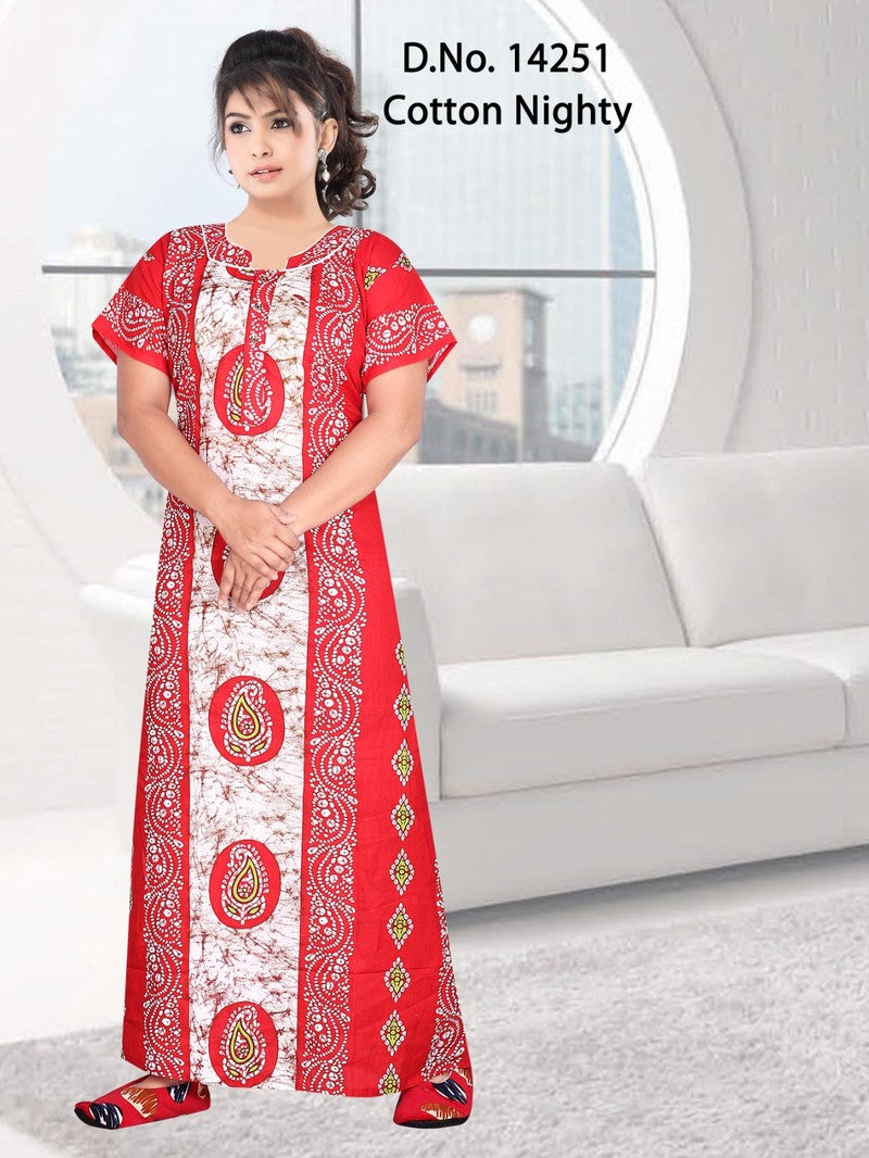 Missy - Cotton Printed Women Nighty Gown - Red