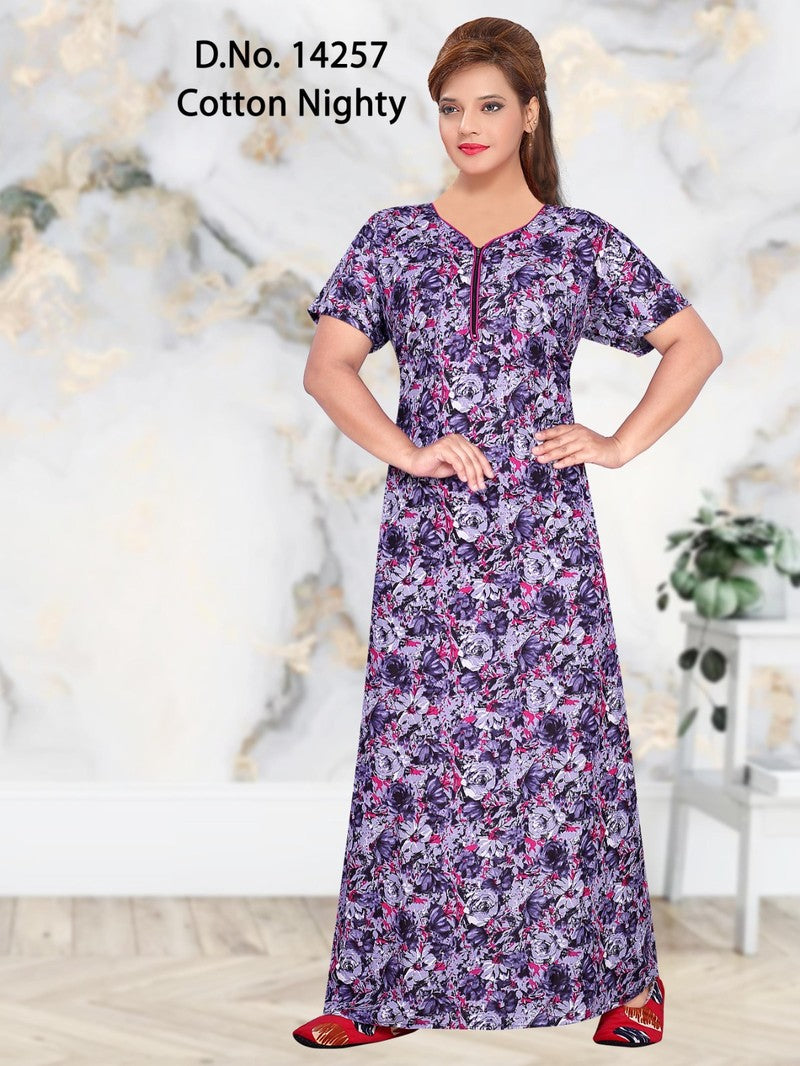 Missy - Cotton Printed Women Nighty Gown - Purple