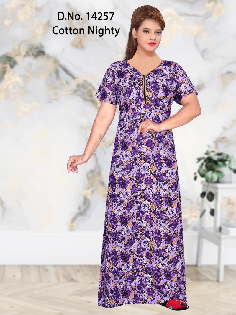 Missy - Cotton Printed Women Nighty Gown - Purple