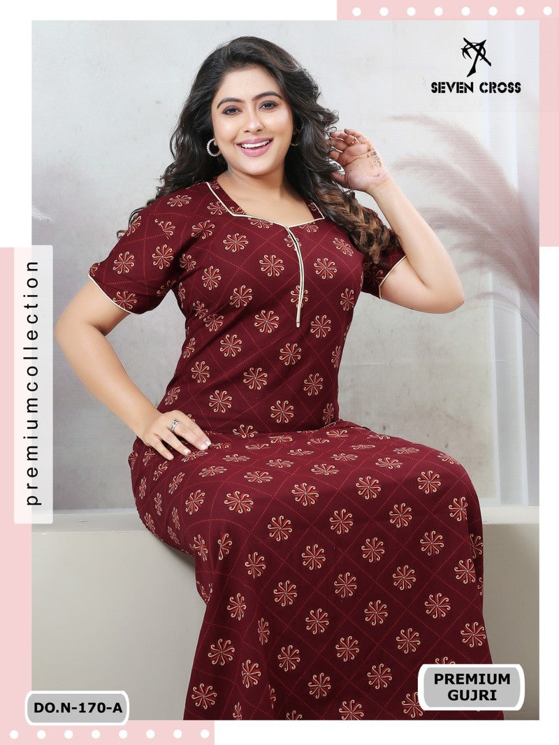 Missy - Gujri Cotton Printed Women Nighty Gown - Maroon