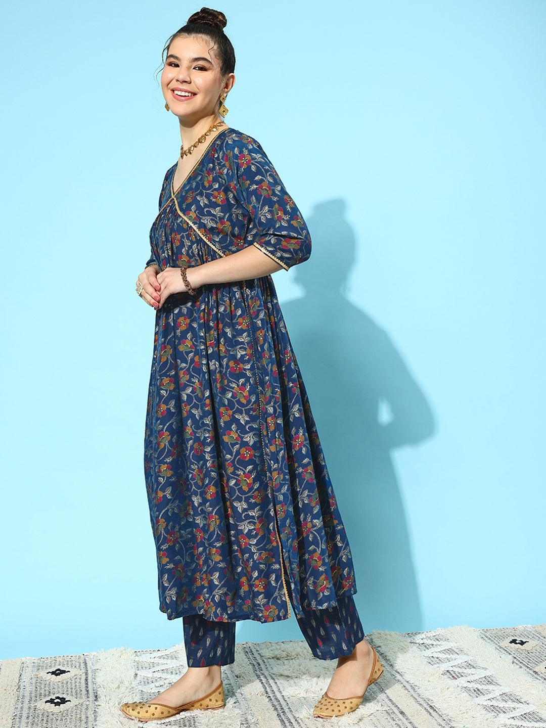 Blue Printed Silk Blend A-Line Kurta With Trousers & Dupatta