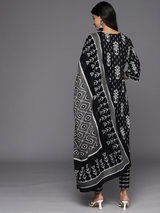 Black Printed Cotton Straight Kurta With Trousers & Dupatta