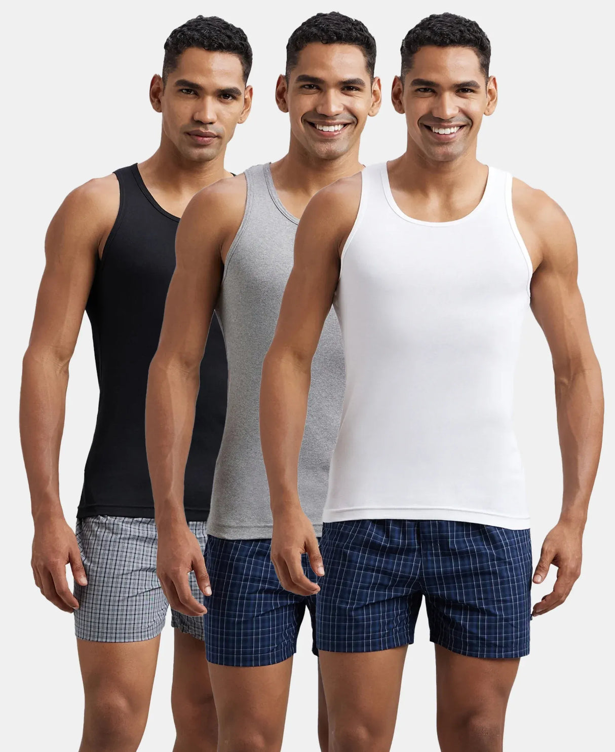 Pack of 3 Super Combed Cotton Rib Round Neck Sleeveless Vest #FP04 - White-Grey Melange, Teal Green-Black & Neon Blue