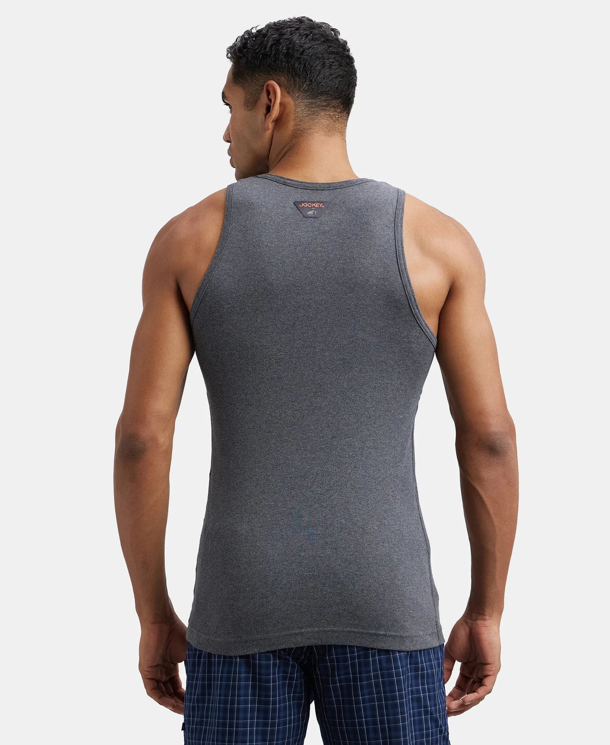 Super Combed Cotton Rib Round Neck Sleeveless Vest #FP04 - Charcoal Melange & Neon Orange