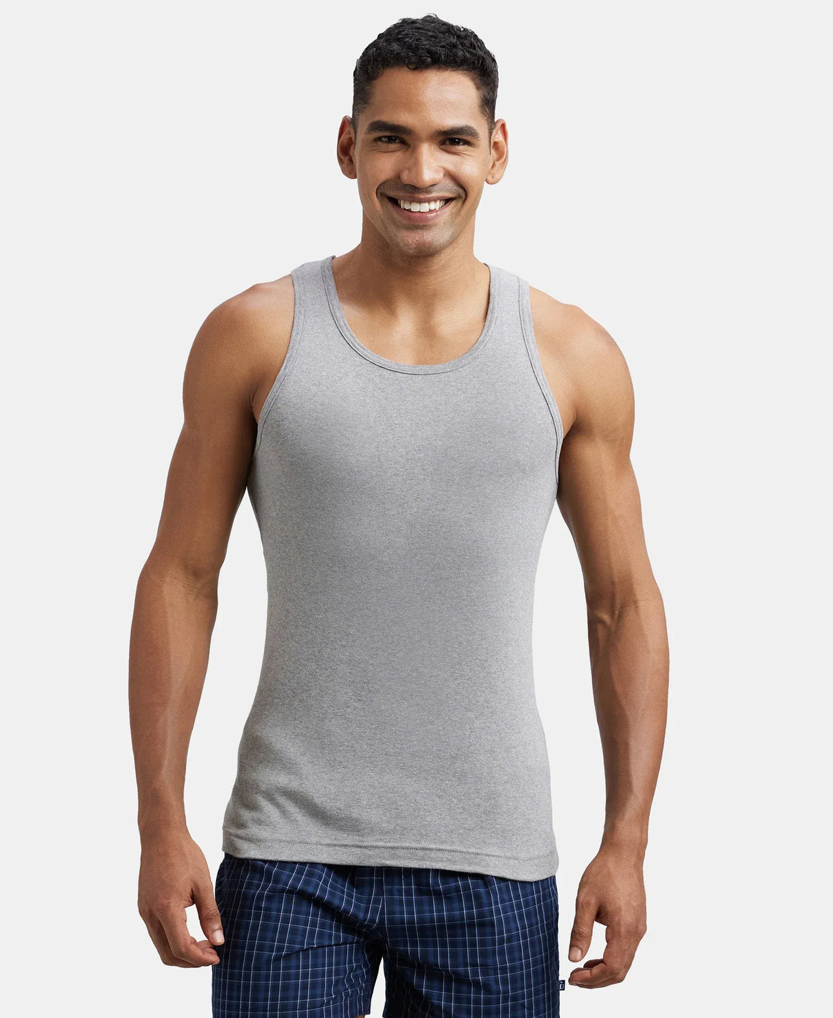 Super Combed Cotton Rib Round Neck Sleeveless Vest #FP04 - Grey Melange & Teal Green