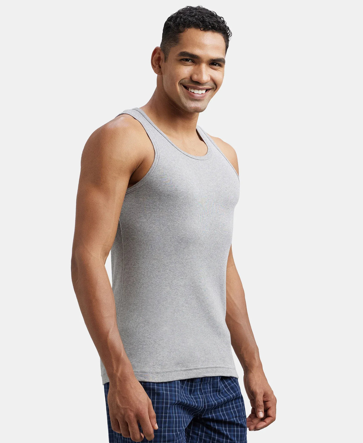 Super Combed Cotton Rib Round Neck Sleeveless Vest #FP04 - Grey Melange & Teal Green