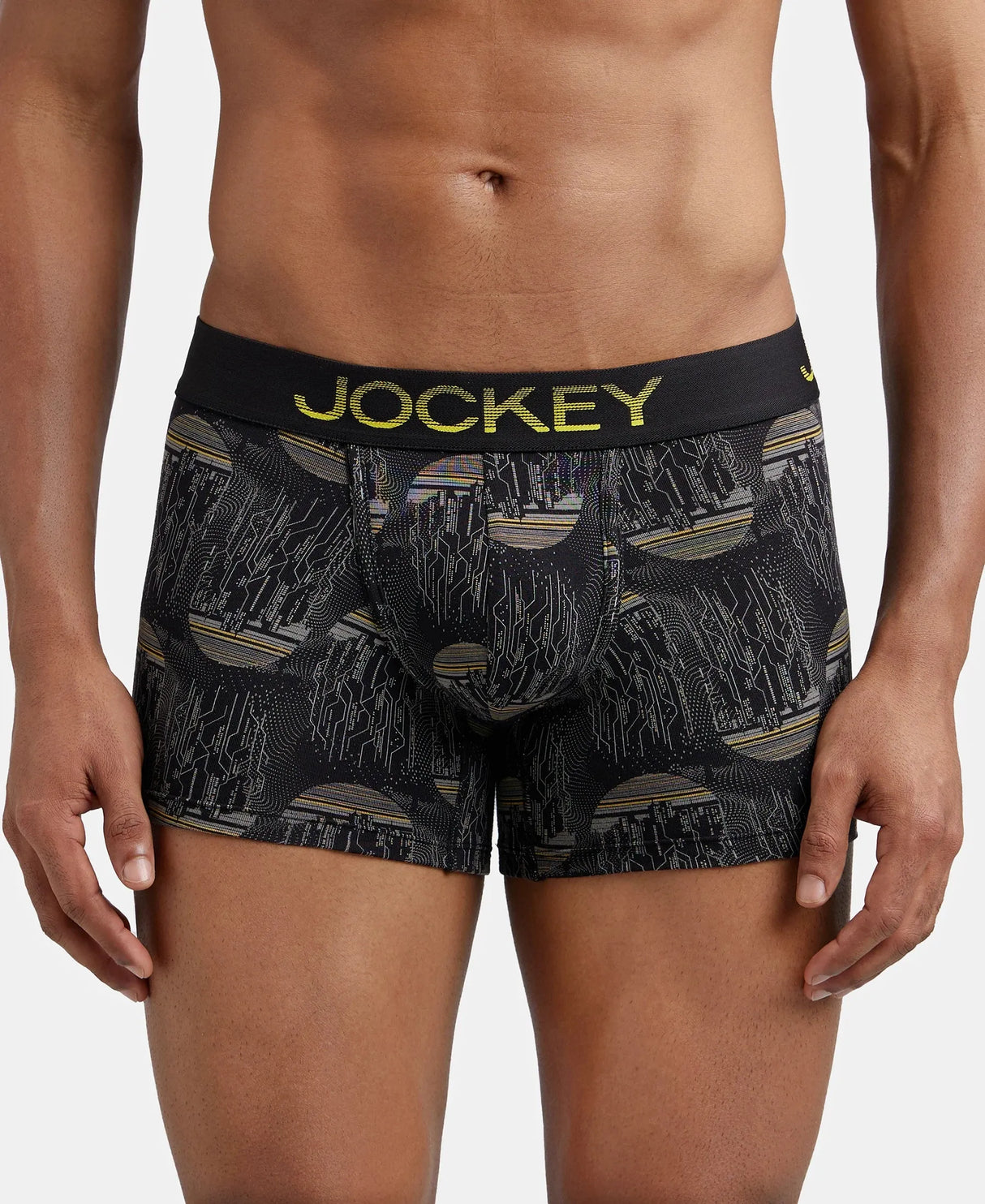 JOCKEY Super Combed Cotton Printed Trunk with Ultrasoft Waistband #FP23- Black & Empire Yellow