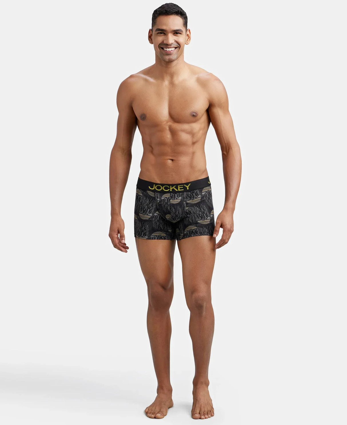 JOCKEY Super Combed Cotton Printed Trunk with Ultrasoft Waistband #FP23- Black & Empire Yellow