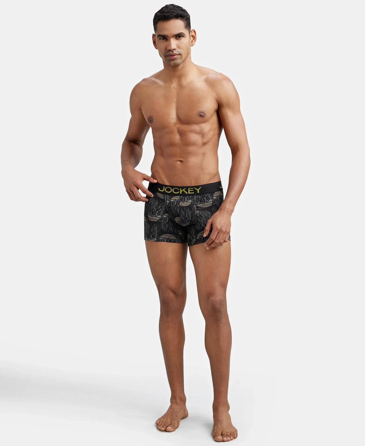 JOCKEY Super Combed Cotton Printed Trunk with Ultrasoft Waistband #FP23- Black & Empire Yellow