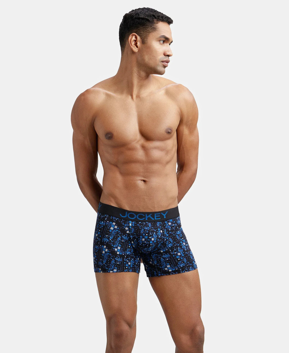 JOCKEY Super Combed Cotton Printed Trunk with Ultrasoft Waistband #FP23- Black & Sky Driver