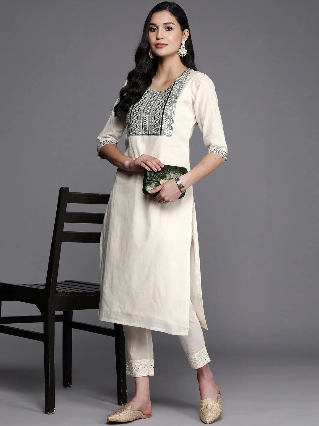 Off White Printed Cotton Straight Kurta