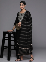 Black Embroidered Silk Blend Straight Kurta with Trousers & Dupatta