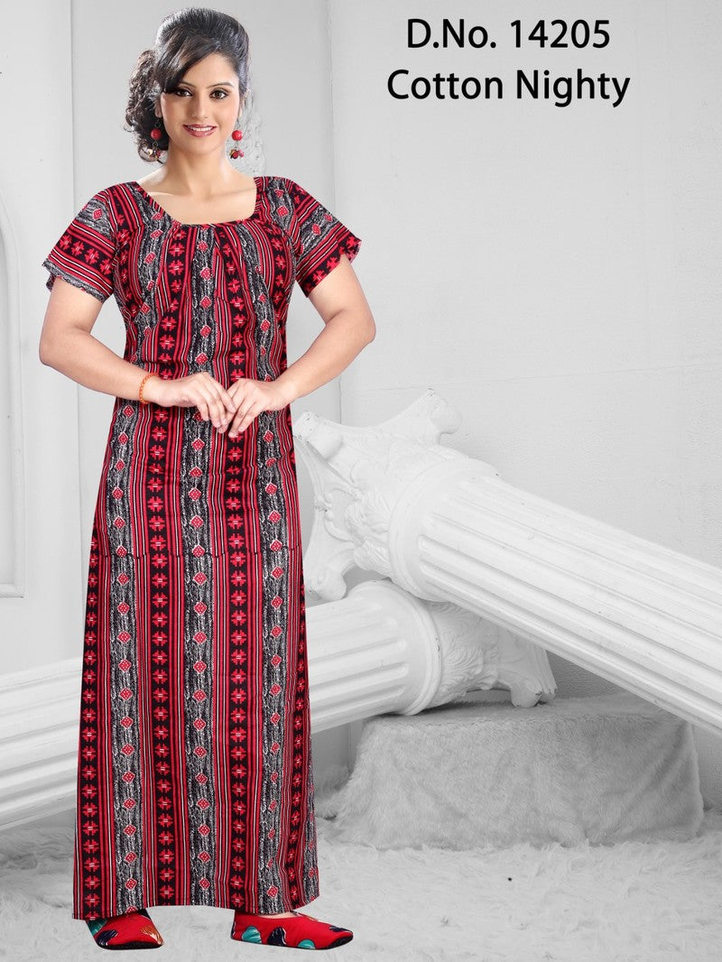 Missy - Cotton Printed Nighty Gown - Maroon