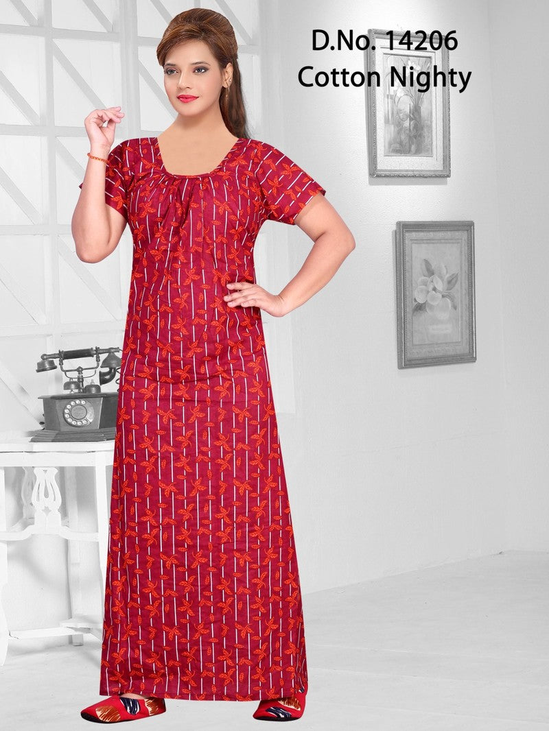 Missy - Cotton Printed Nighty Gown - Red