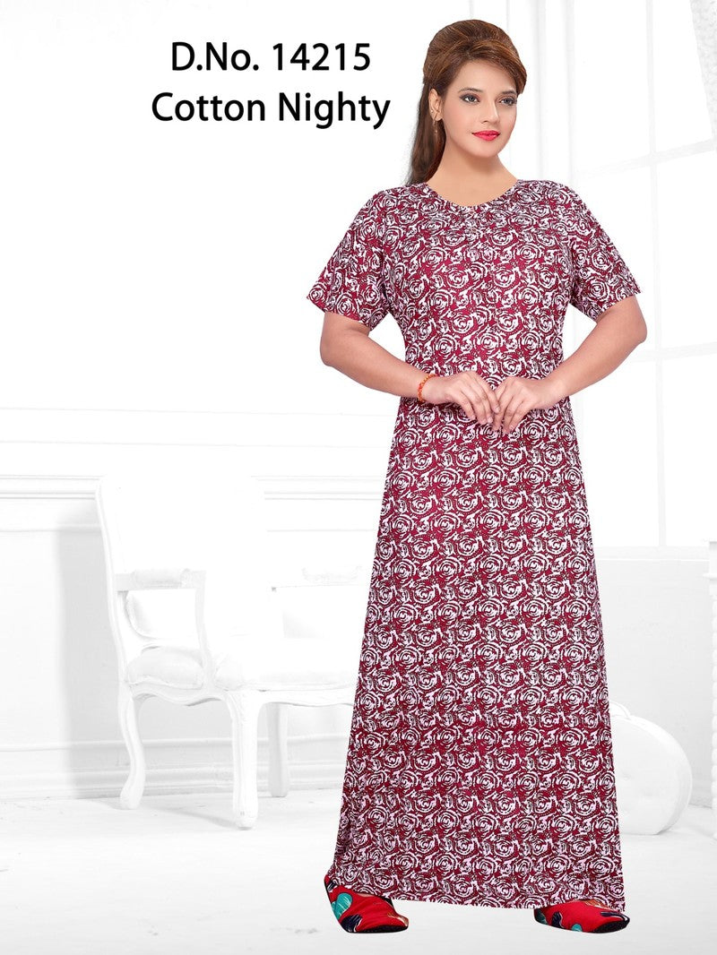 Missy - Cotton Printed Nighty Gown - Maroon