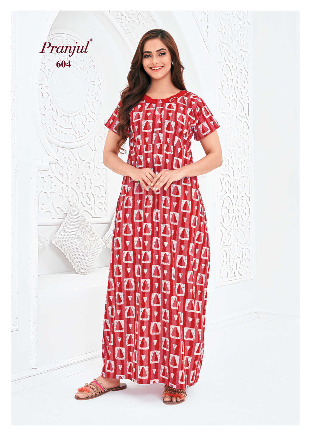 Pranjul - Pure Cotton Printed Nighty Gown - Red