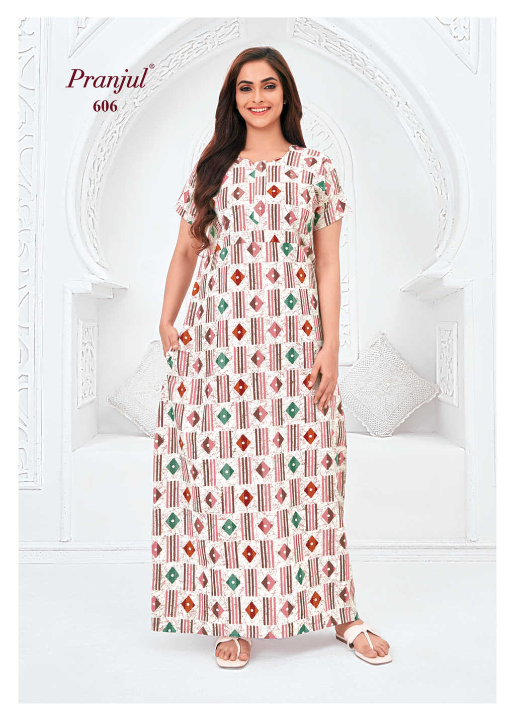 Pranjul - Pure Cotton Printed Nighty Gown - White