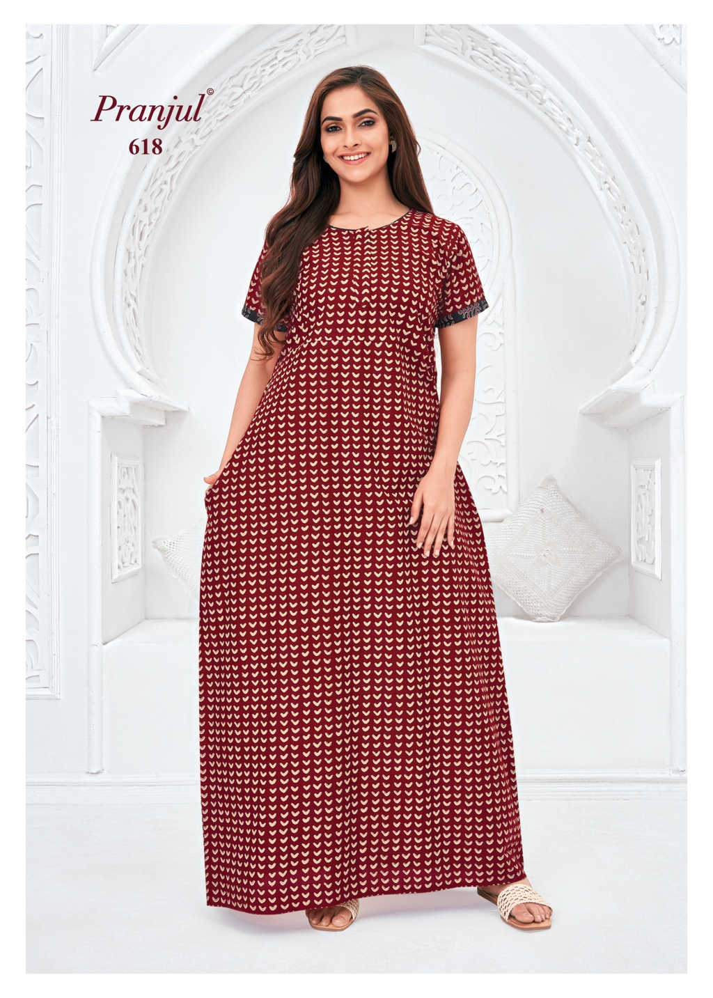 Pranjul - Pure Cotton Printed Nighty Gown - Maroon