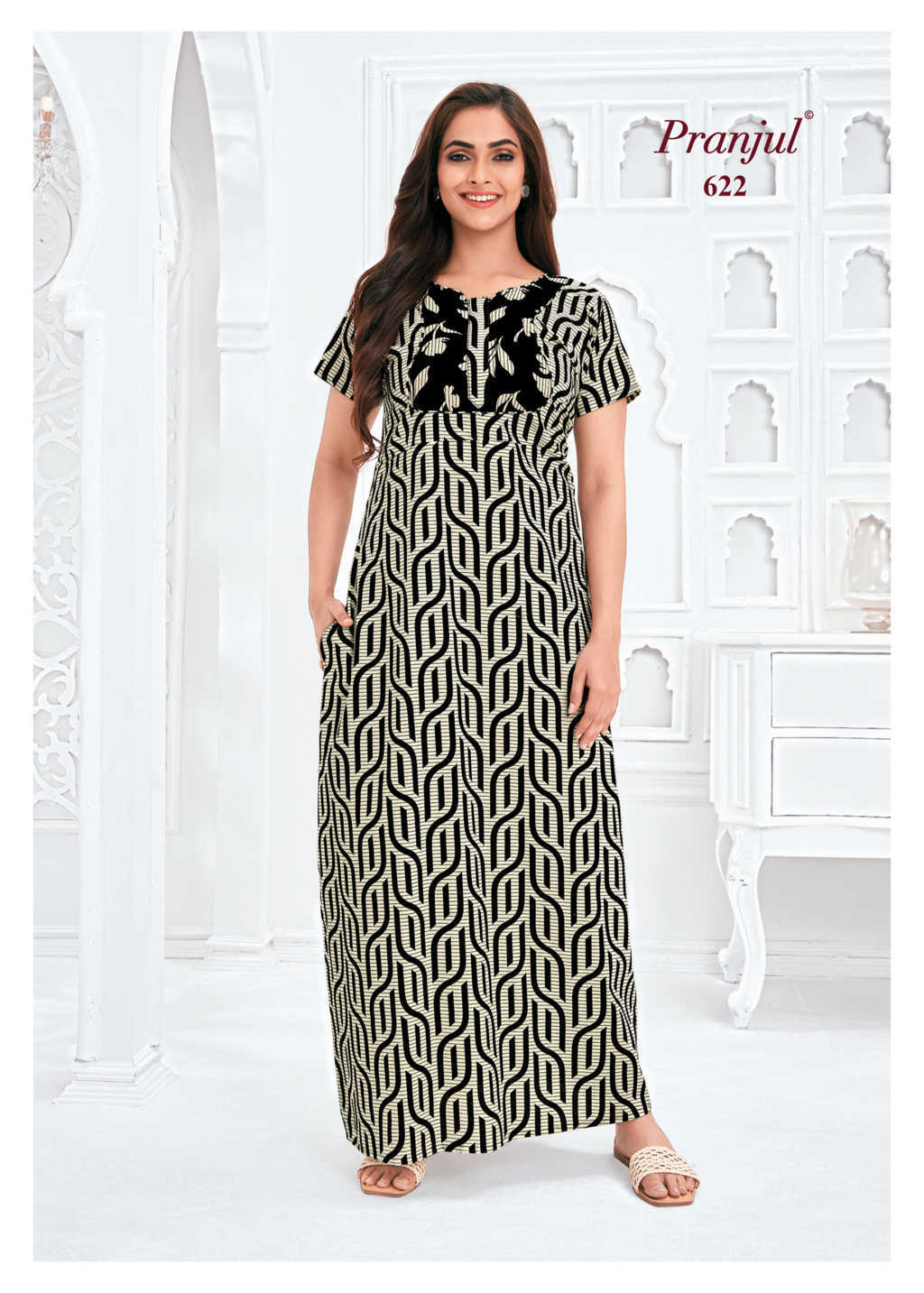 Pranjul - Pure Cotton Printed Nighty Gown - Black